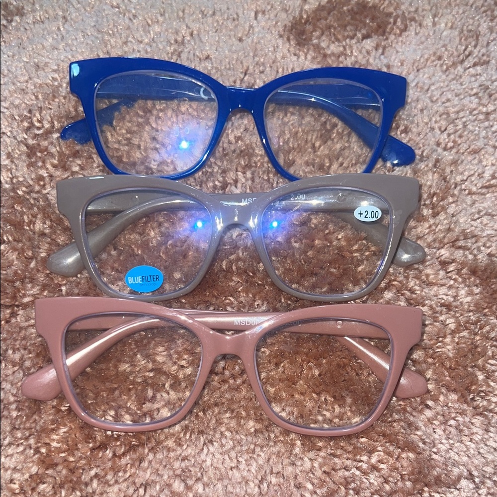 2.0 Reading Glasses Set - Blue, Mauve, and Dusty Rose.